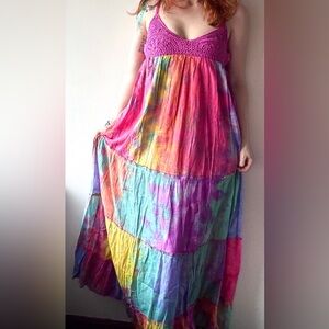 NWT Chaudry Tie Dye Maxi Dress Boho Festival Cotton 🌈 Rainbow Dopamine Dressing